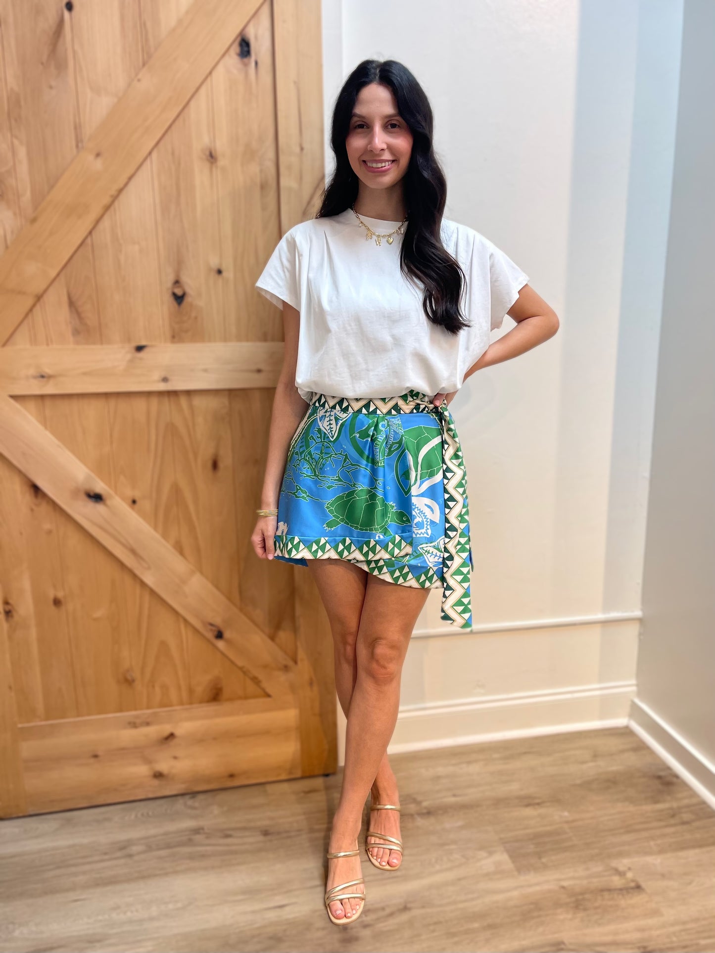 BLUE TURTLE PRINT JENISHA WRAP MINI SKIRT