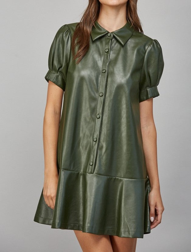 OLIVE FAUX LEATHER BUTTON UP RUFFLE TIER MINI DRESS