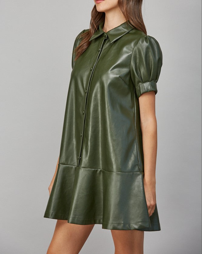 OLIVE FAUX LEATHER BUTTON UP RUFFLE TIER MINI DRESS