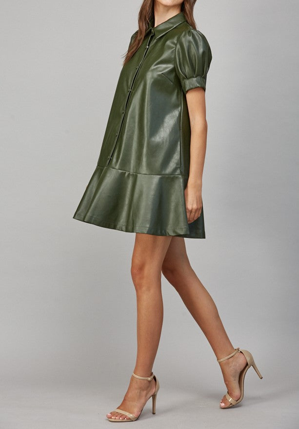 OLIVE FAUX LEATHER BUTTON UP RUFFLE TIER MINI DRESS
