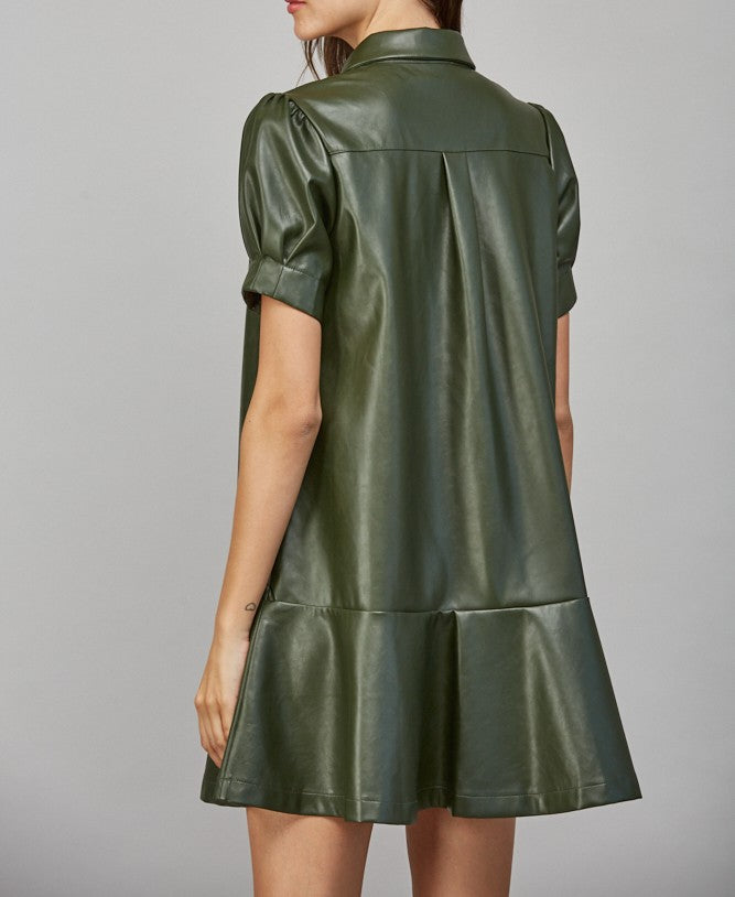 OLIVE FAUX LEATHER BUTTON UP RUFFLE TIER MINI DRESS