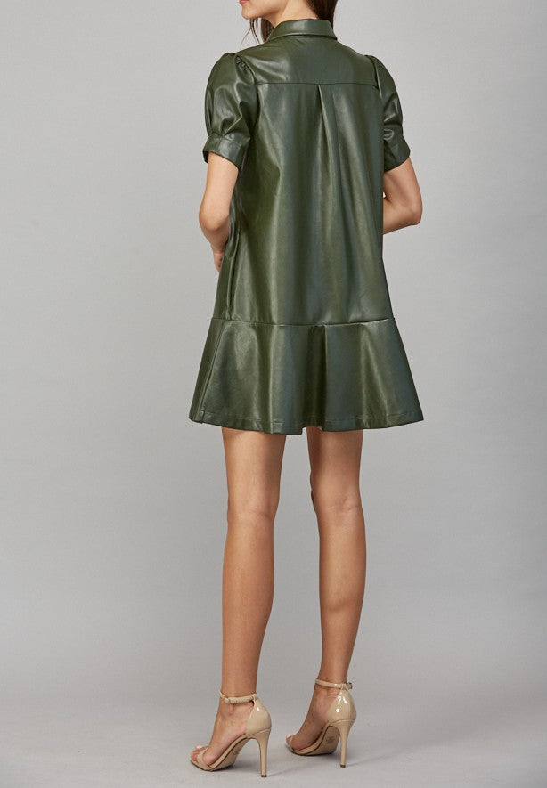 OLIVE FAUX LEATHER BUTTON UP RUFFLE TIER MINI DRESS