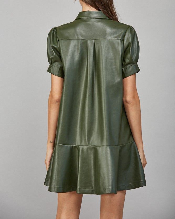 OLIVE FAUX LEATHER BUTTON UP RUFFLE TIER MINI DRESS