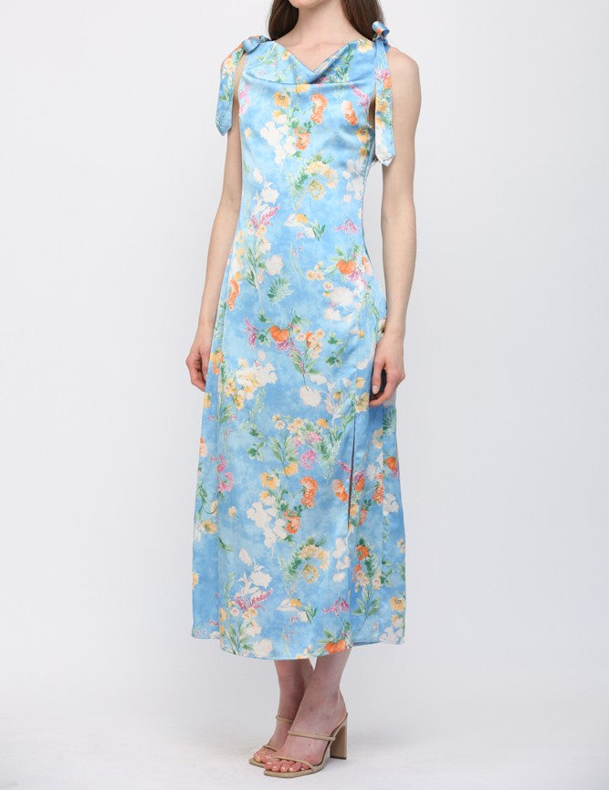 BLUE MULTI FLORAL PRINT COWL NECK SLEEVLESS TIE SHOULDER SATIN MIDI DRESS