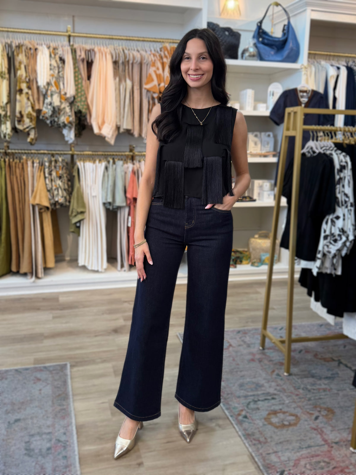 BLACK FRINGE CROPPED ZINNIA TANK TOP