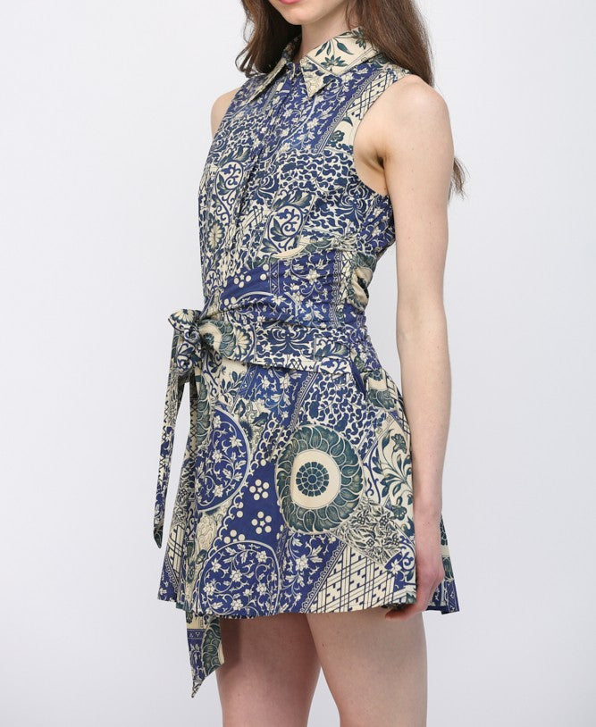 NAVY PATCHWORK PRINT COTTON POPLIN SIDE WAIST TIE SLEEVELESS SHIRT MINI DRESS