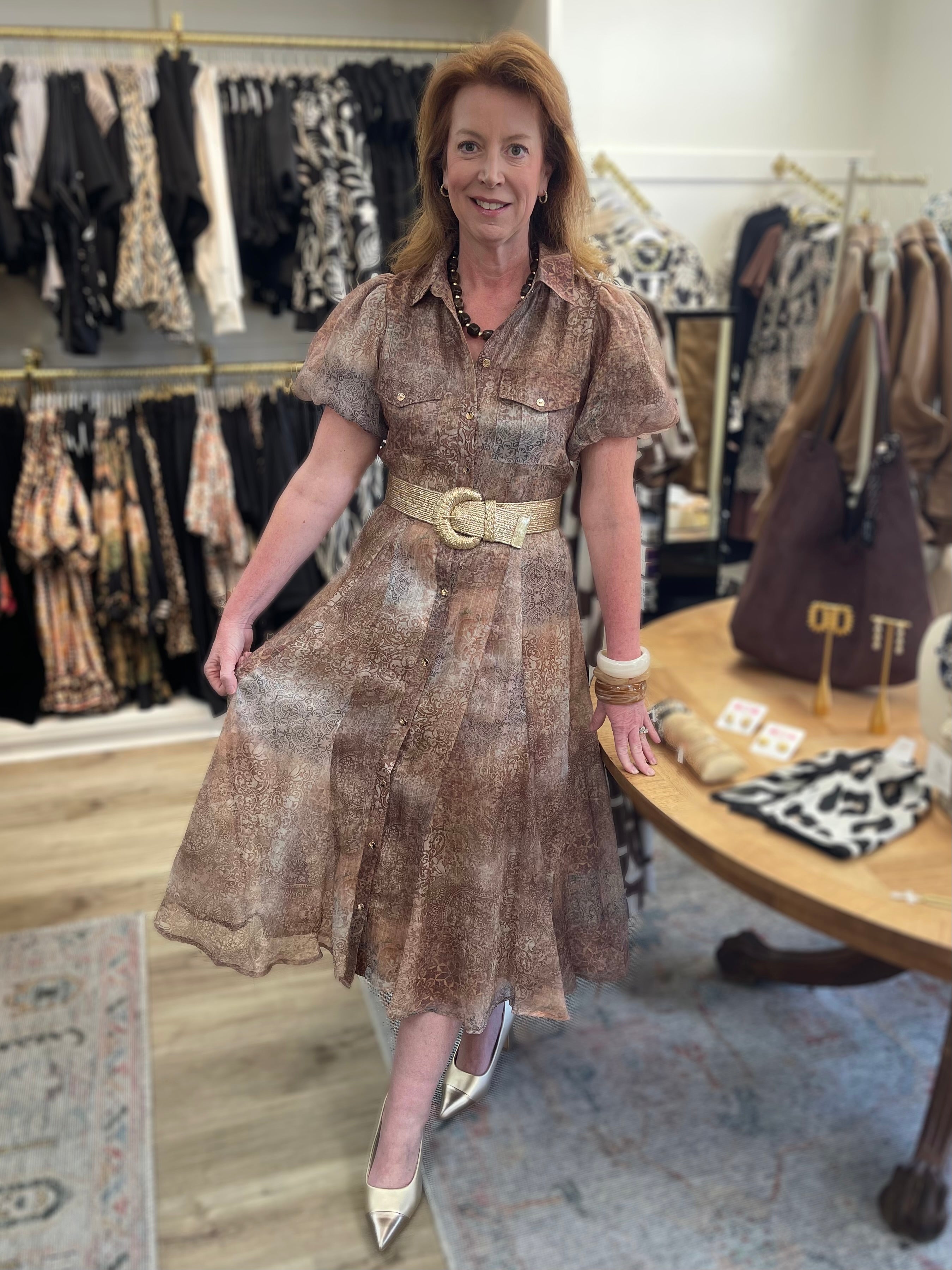 RUST MULTI PRINTED BUTTON UP SHORT PUFF SLEEVE MIDI DRESS