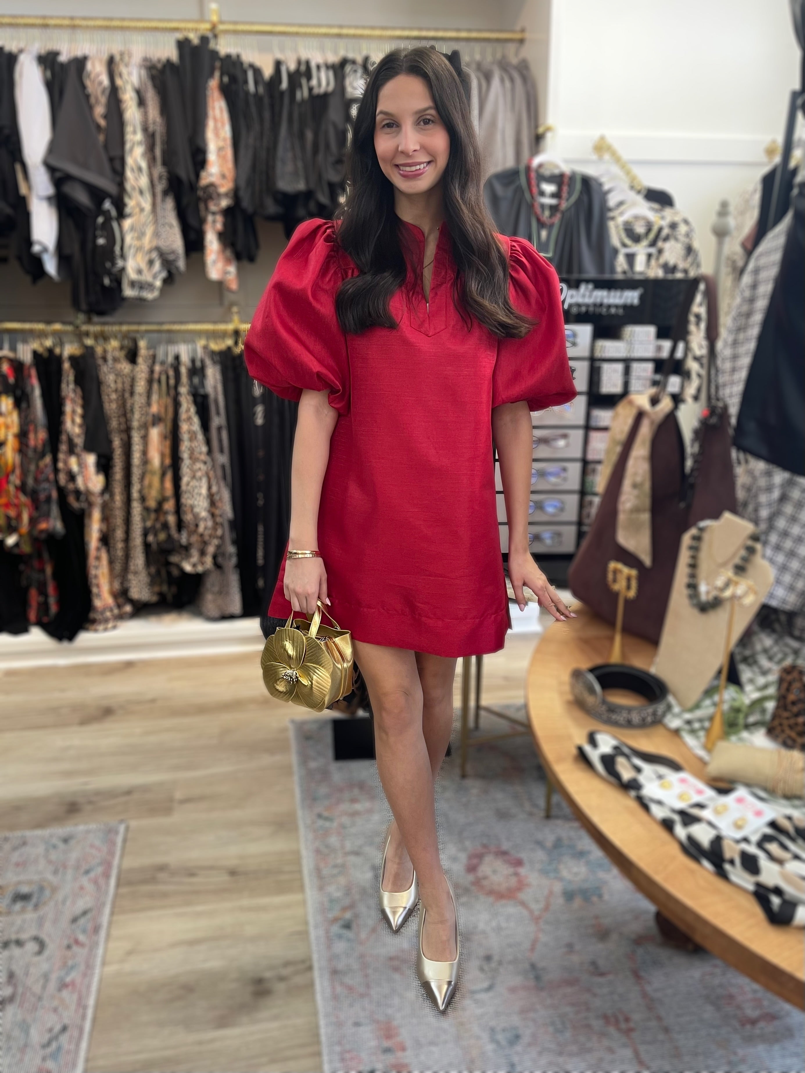 RED METALLIC MANDARIN COLLAR VNECK PUFF SLEEVE MINI DRESS