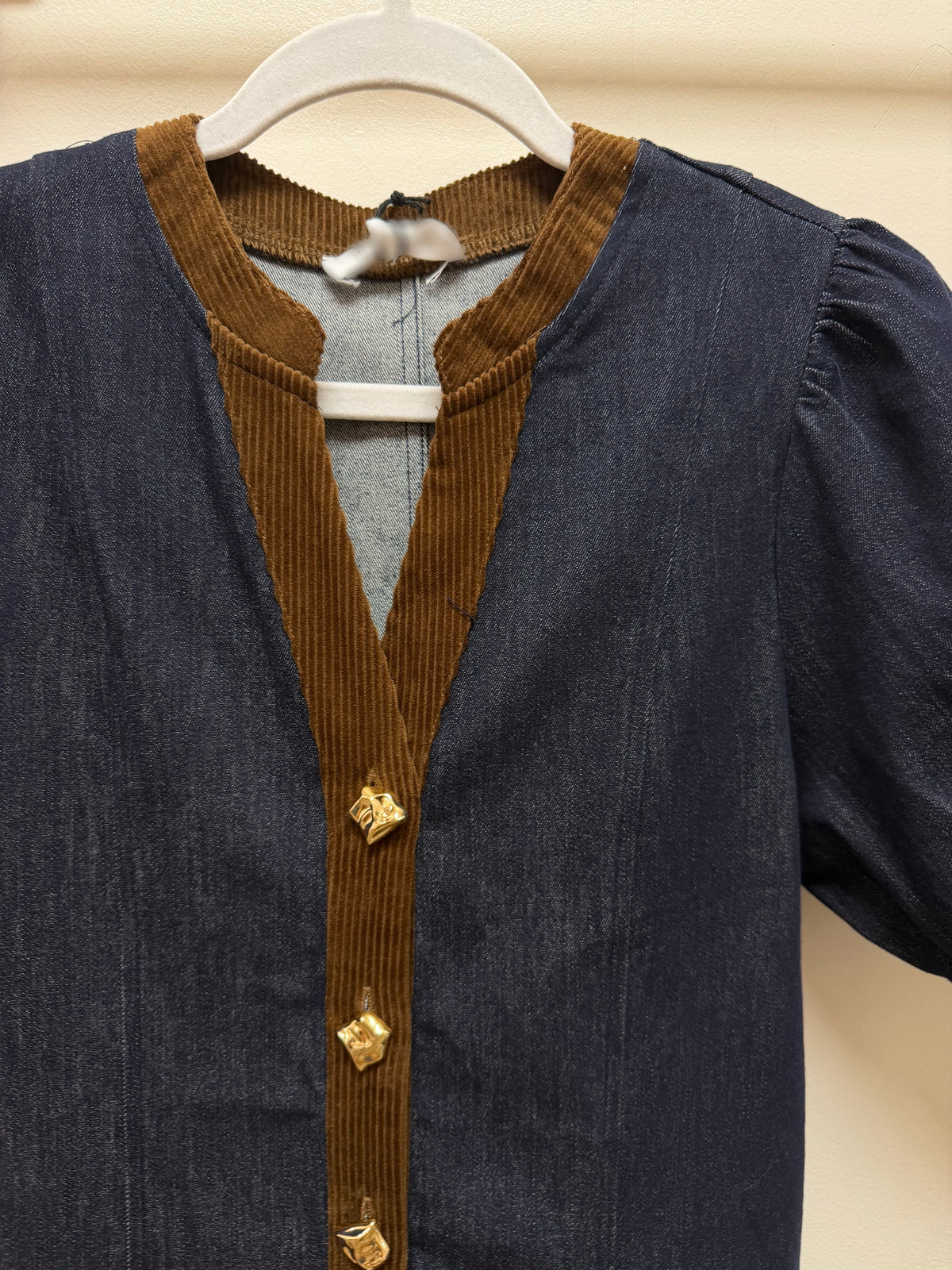 BLUE DENIM & BROWN CORDUROY GOLD BUTTON DETAIL SHORT PUFF SLEEVE MINI DRESS