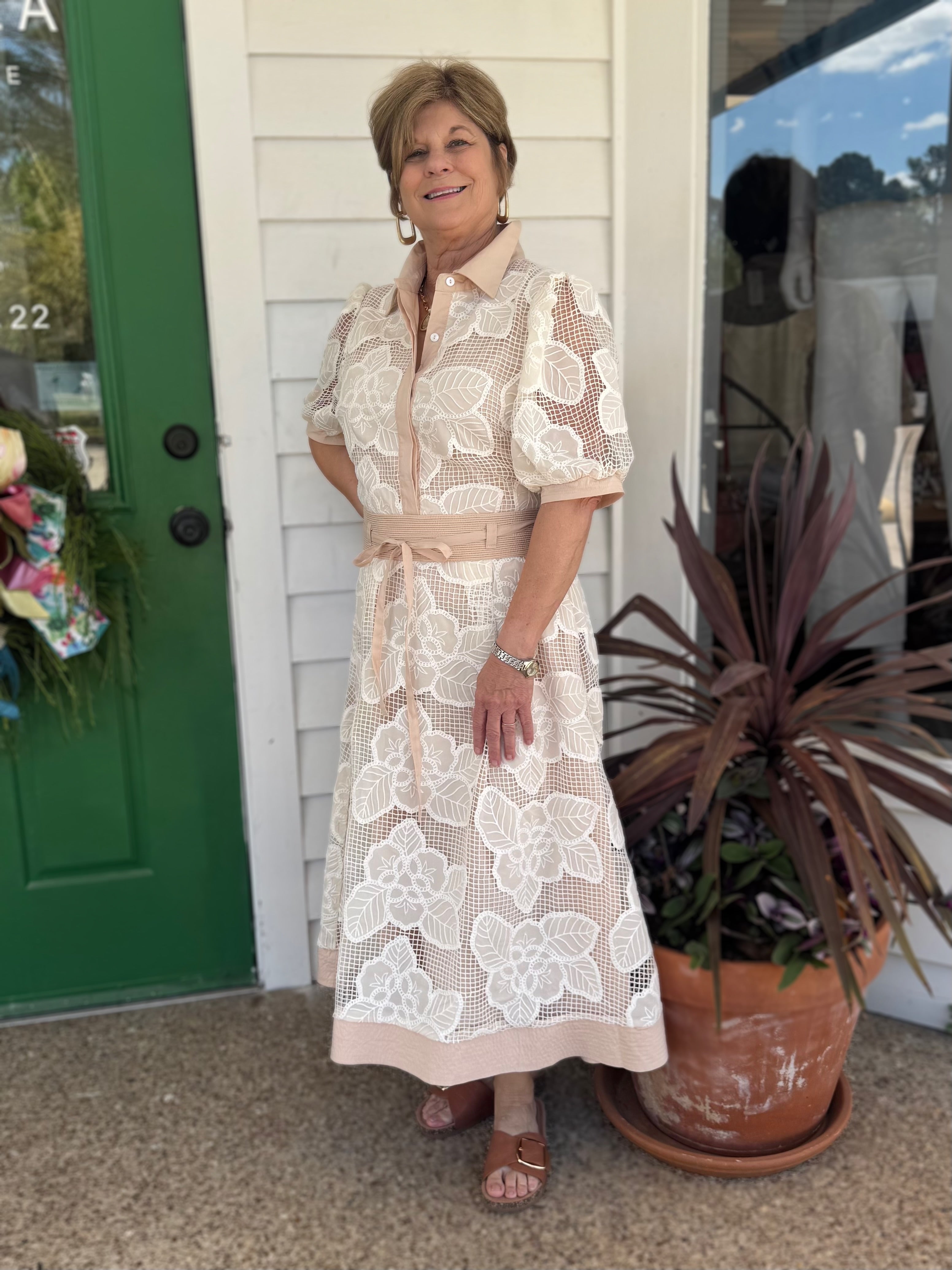 ALMOND FLORAL MESH CROCHET COLLARED SHIRT MIDI DRESS