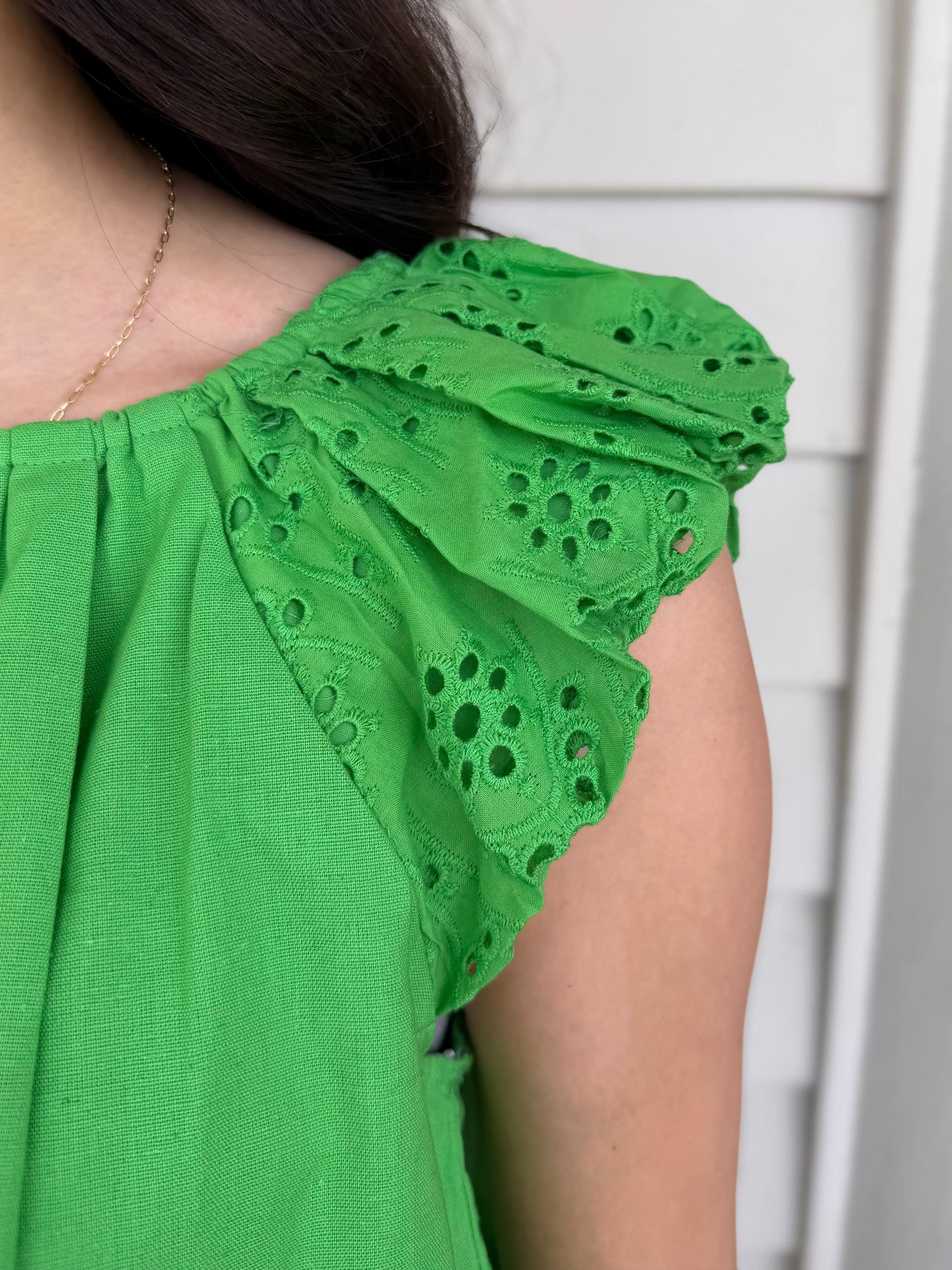 KELLY GREEN EYELET LACE SLEEVE BUBBLE HEM ADA TOP