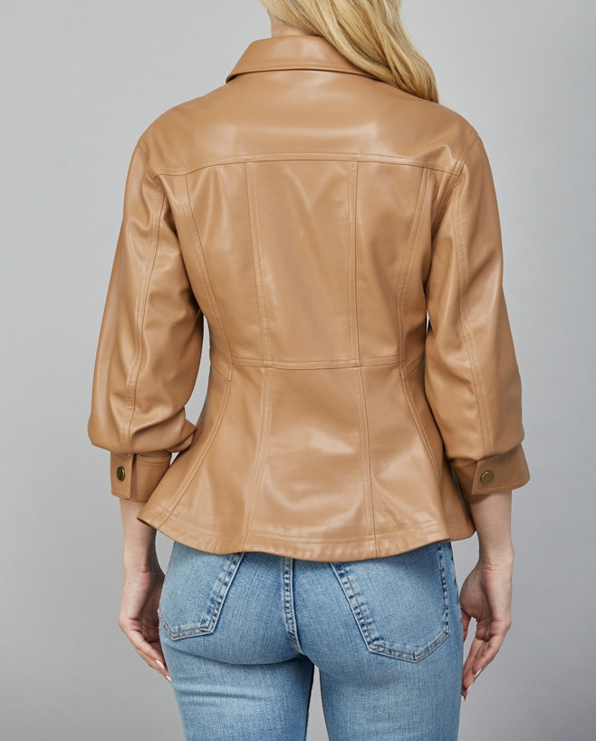 CAMEL CINCHED 3/4 SLEEVE PEPLUM FAUX LEATHER JACKET