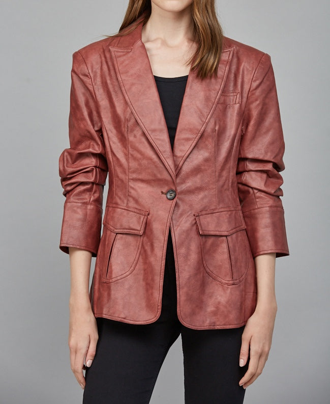 MAROON SCRUNCH SLEEVE FAUX LEATHER BLAZER