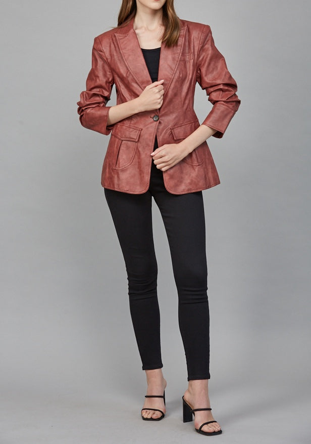 MAROON SCRUNCH SLEEVE FAUX LEATHER BLAZER