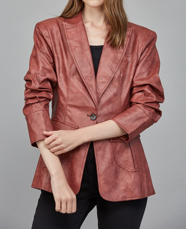 MAROON SCRUNCH SLEEVE FAUX LEATHER BLAZER
