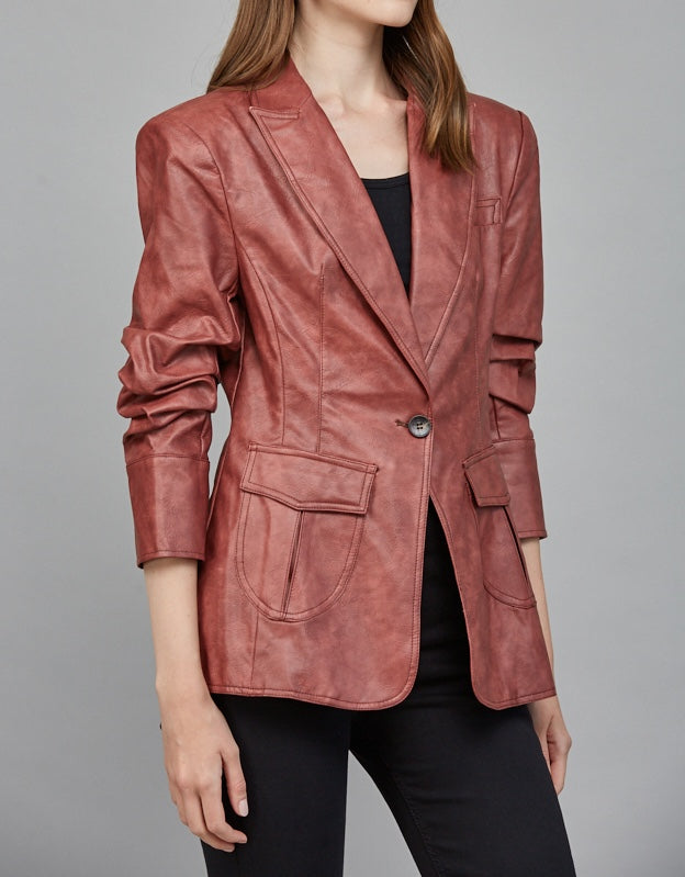 MAROON SCRUNCH SLEEVE FAUX LEATHER BLAZER