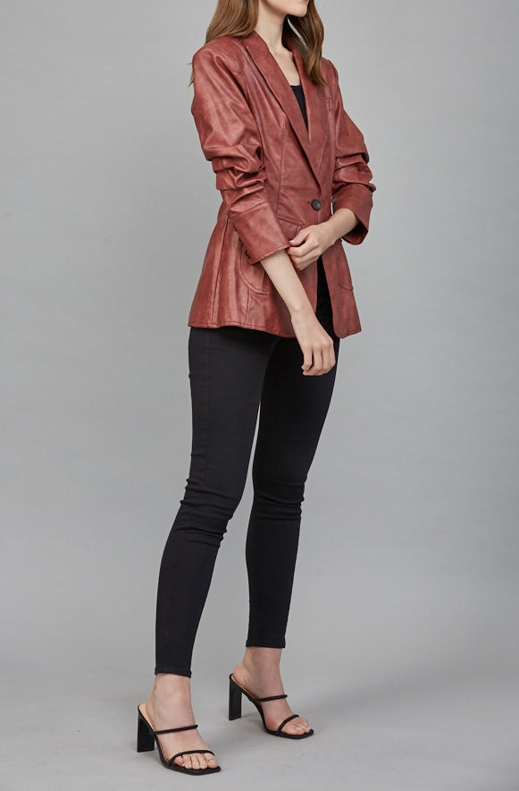 MAROON SCRUNCH SLEEVE FAUX LEATHER BLAZER