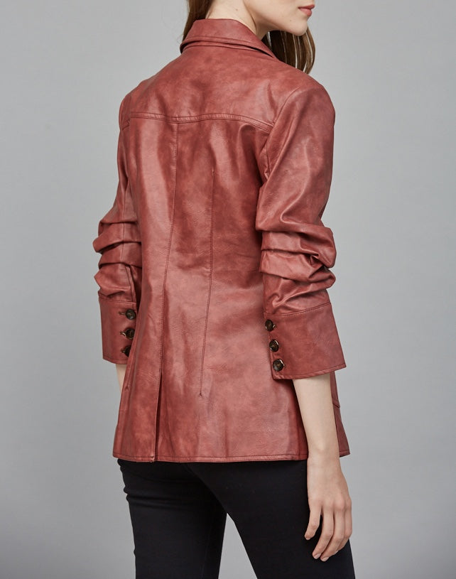 MAROON SCRUNCH SLEEVE FAUX LEATHER BLAZER