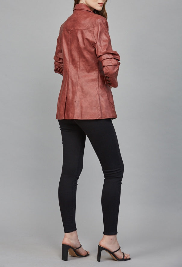 MAROON SCRUNCH SLEEVE FAUX LEATHER BLAZER