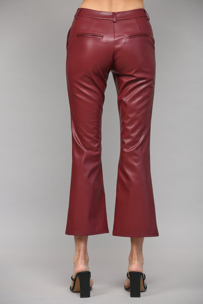 WINE FAUX LEATHER PINTUCK FLARE PANTS