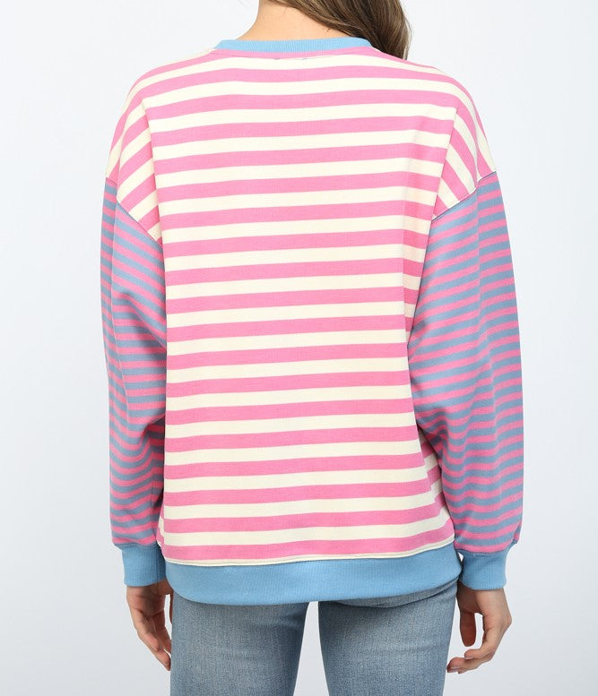 IVORY/PINK/BLUE CONTRAST RIBBED BAND COLOR-BLOCK STRIPED SWEATSHIRT