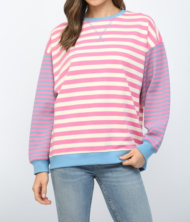 IVORY/PINK/BLUE CONTRAST RIBBED BAND COLOR-BLOCK STRIPED SWEATSHIRT