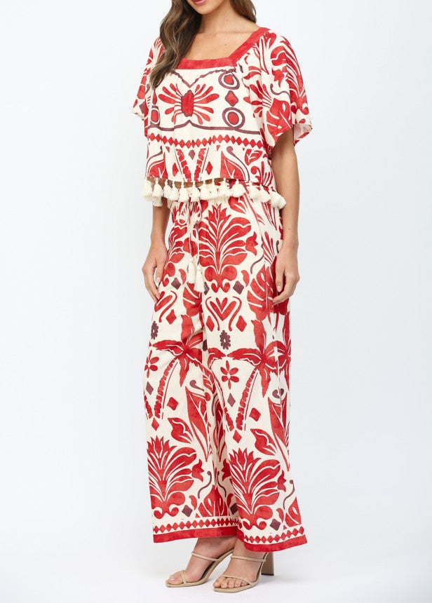 IVORY/RED GEO TROPICAL PRINT ELASTIC WAIST WIDE LEG LINEN BLEND PANTS