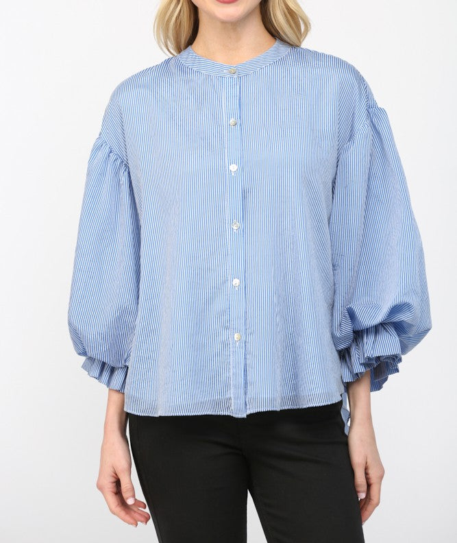 BLUE PINSTRIPE VOLUMINOUS BUBBLE SLEEVE BLOUSE