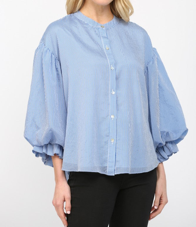 BLUE PINSTRIPE VOLUMINOUS BUBBLE SLEEVE BLOUSE