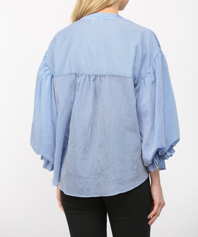 BLUE PINSTRIPE VOLUMINOUS BUBBLE SLEEVE BLOUSE