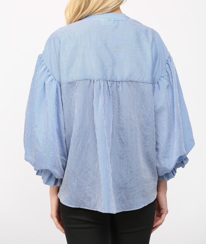 BLUE PINSTRIPE VOLUMINOUS BUBBLE SLEEVE BLOUSE