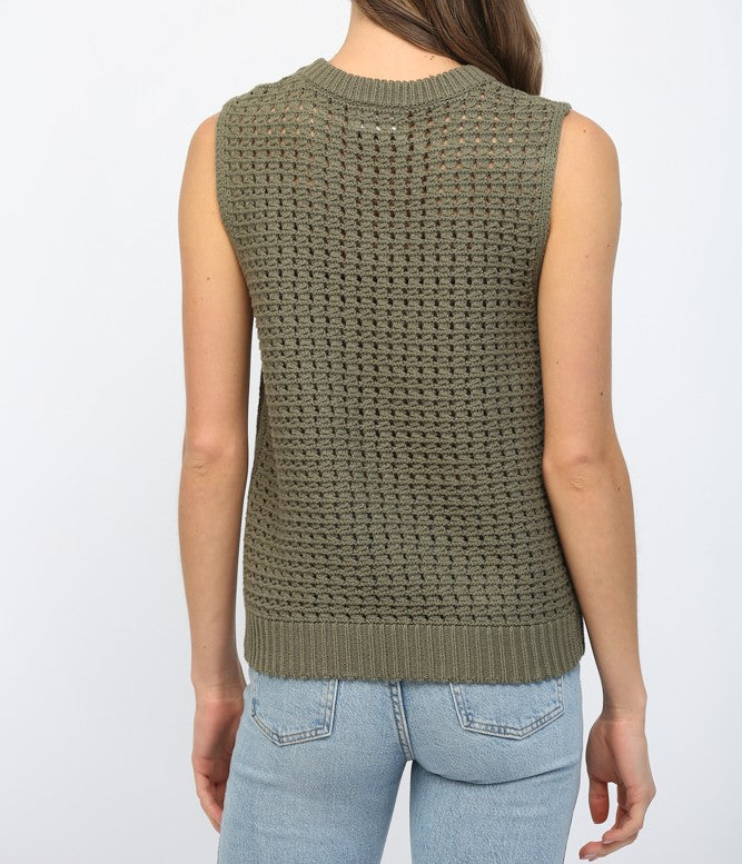 OLIVE CROCHET KNIT SLEEVELESS PULLOVER SWEATER