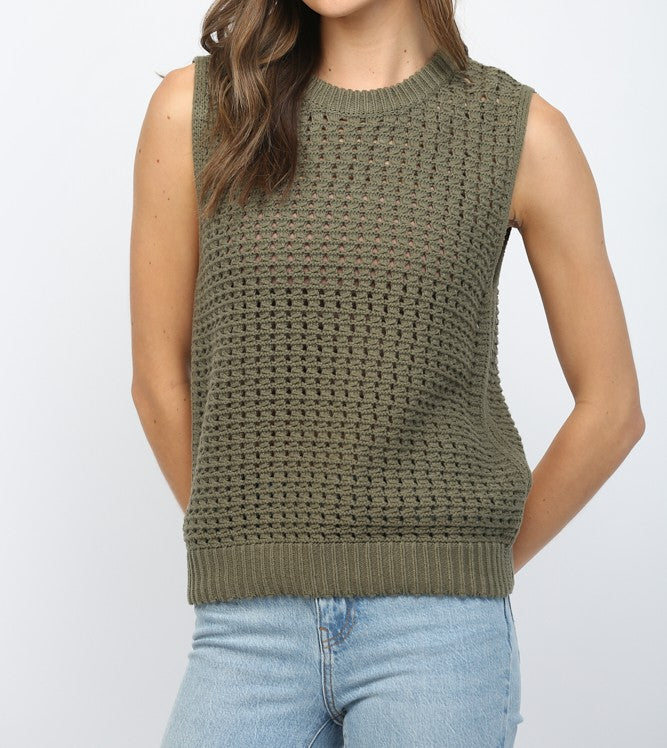 OLIVE CROCHET KNIT SLEEVELESS PULLOVER SWEATER