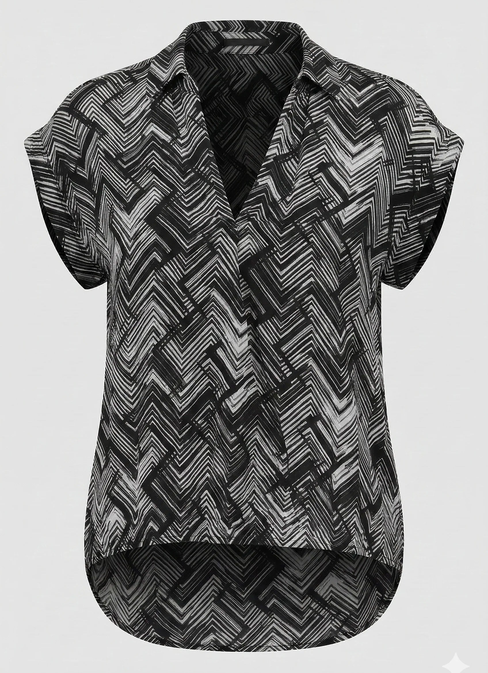 BLACK/WHITE SHATTERED GRID TABBED CUFF WRAP TOP