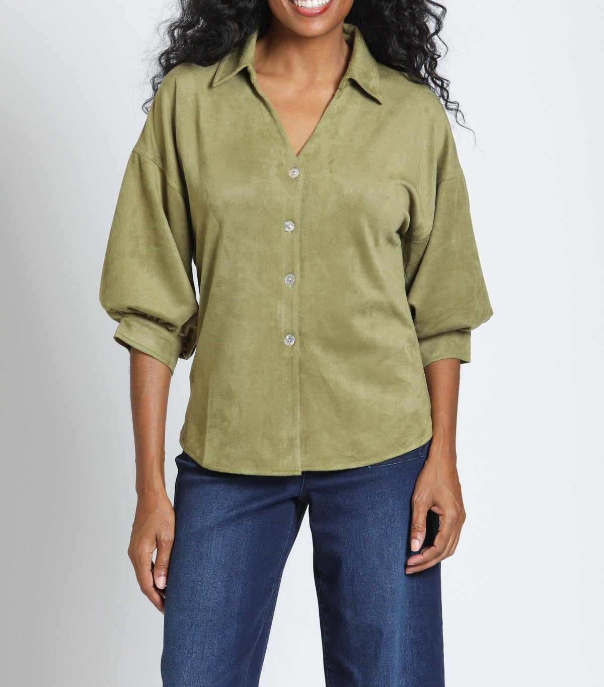 OLIVE FAUX SUEDE BLOUSON SLEEVE TOP