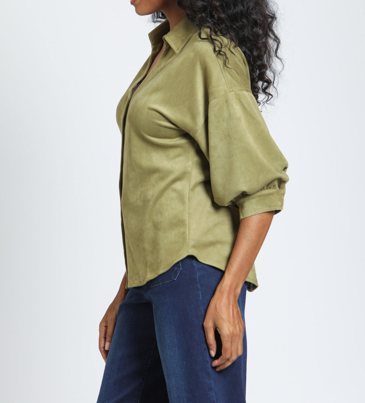 OLIVE FAUX SUEDE BLOUSON SLEEVE TOP