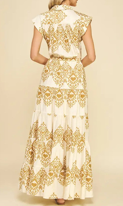 TAUPE GEOMETRIC PRINT TIERED MAXI DRESS