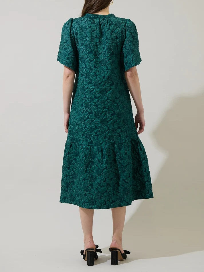 EMERALD JACQUARD FLORAL PRINT SHORT SLEEVE MIDI DRESS