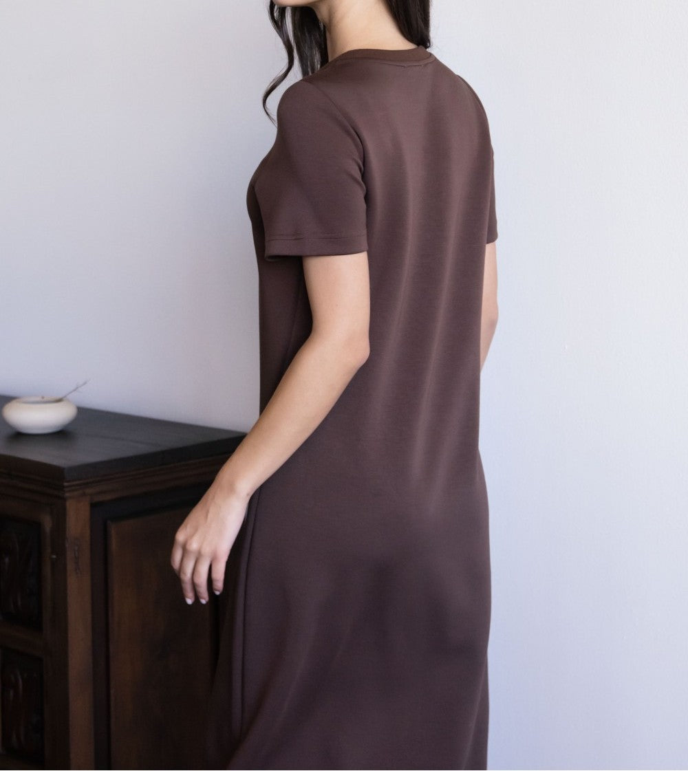 COCOA PCILL BUTTER MODAL SHORT SLEEVE CONTRAST RIB NECK MIDI DRESS