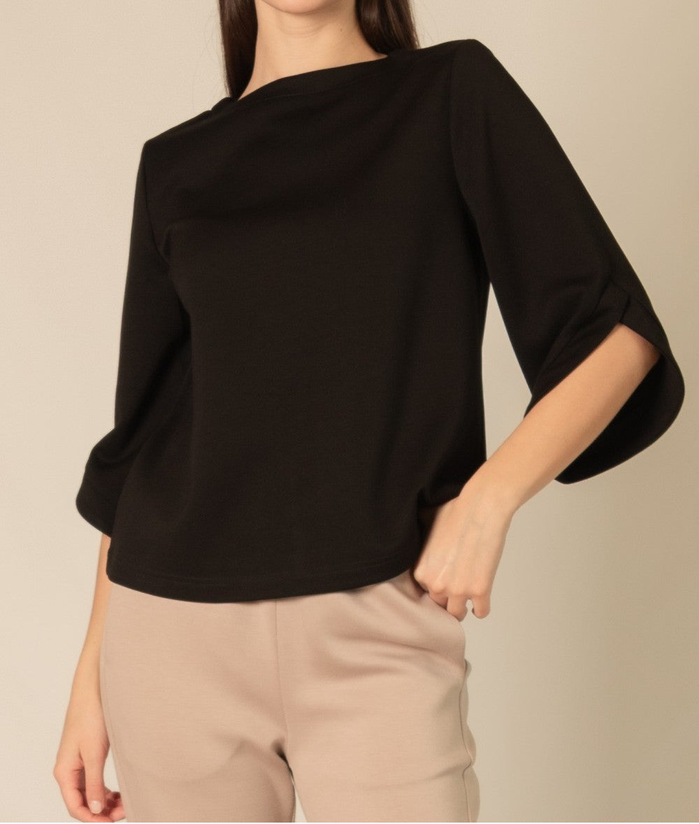 BLACK PCILL BUTTER MODAL FLARE 3/4 SLEEVE ROUND NECK TOP
