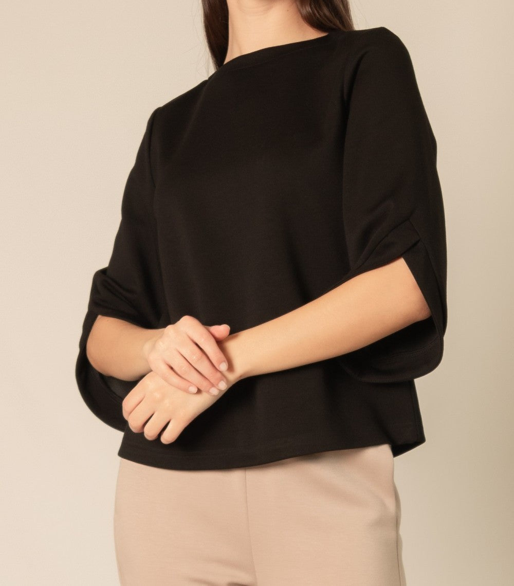 BLACK PCILL BUTTER MODAL FLARE 3/4 SLEEVE ROUND NECK TOP