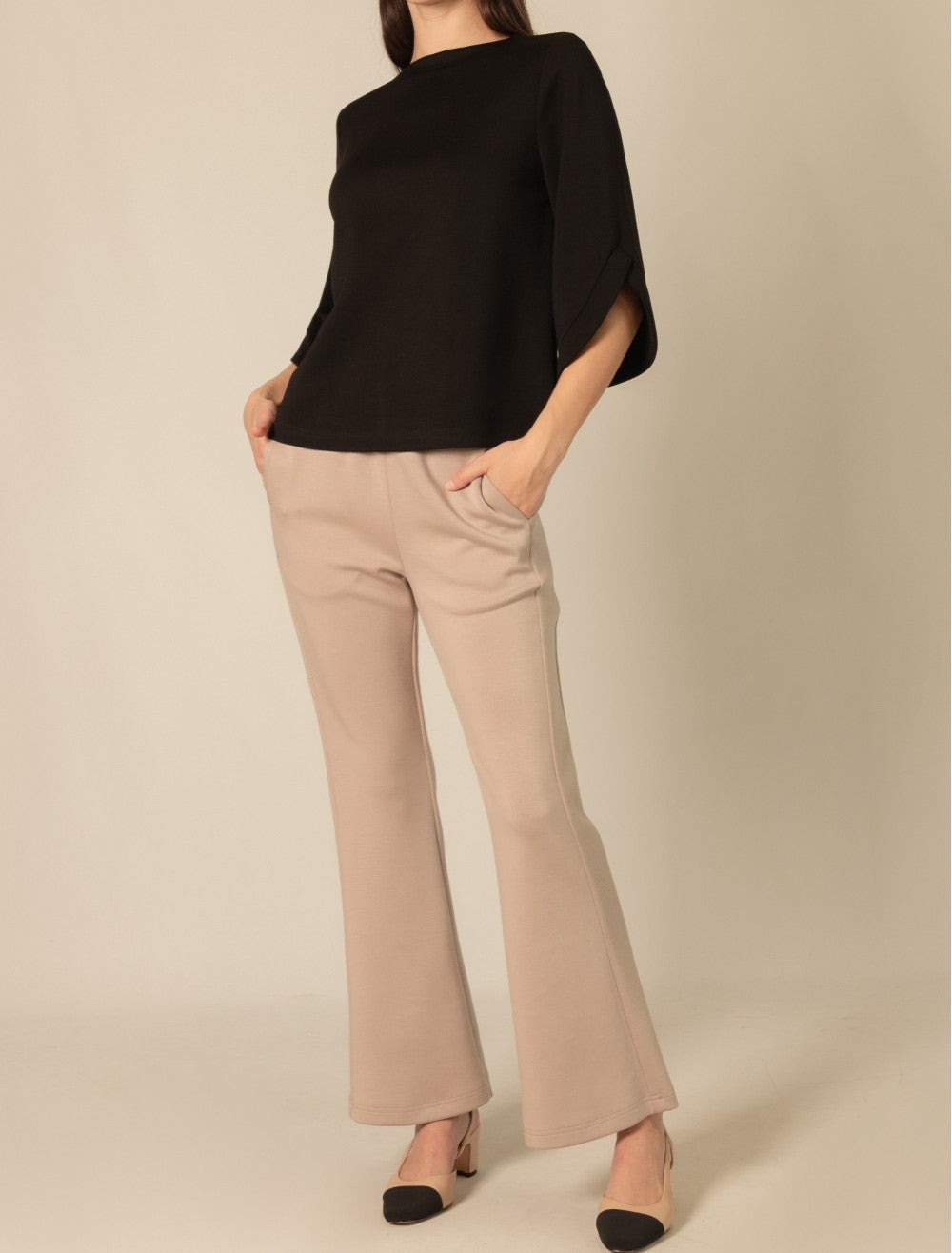 BLACK PCILL BUTTER MODAL FLARE 3/4 SLEEVE ROUND NECK TOP