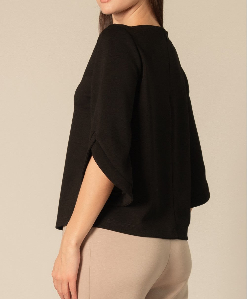 BLACK PCILL BUTTER MODAL FLARE 3/4 SLEEVE ROUND NECK TOP