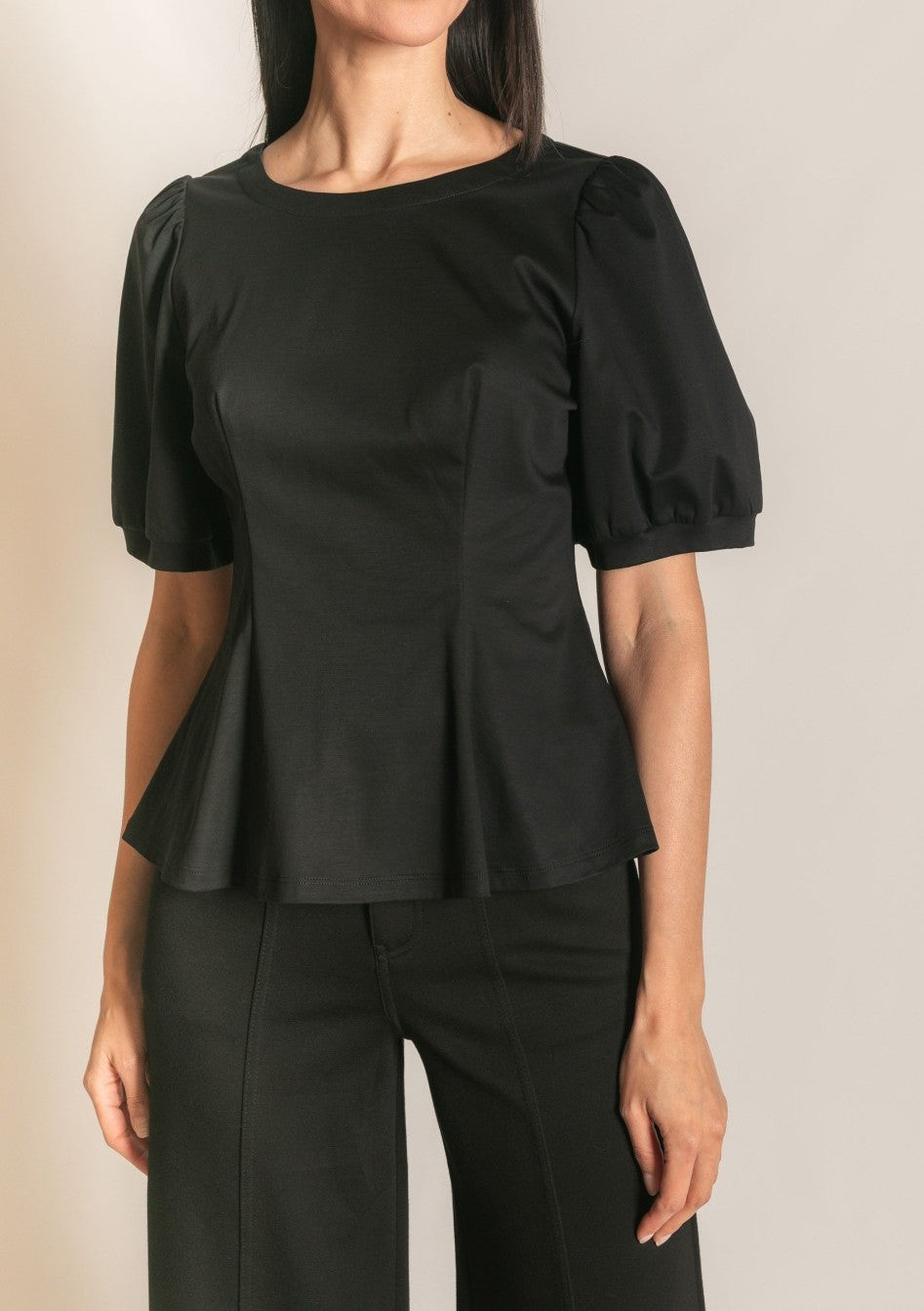 BLACK PCILL GLAZED COTTON KNIT PEPLUM TOP