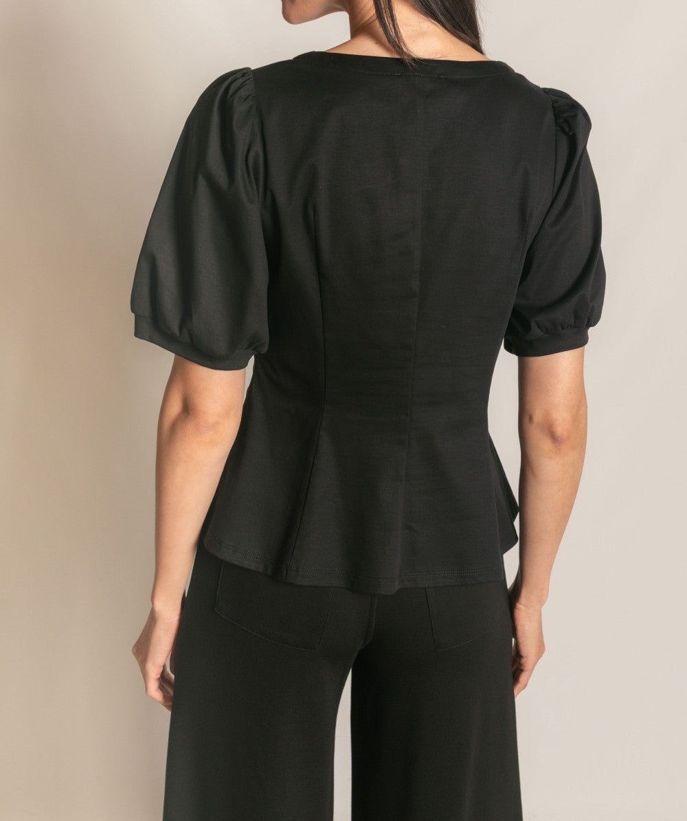 BLACK PCILL GLAZED COTTON KNIT PEPLUM TOP