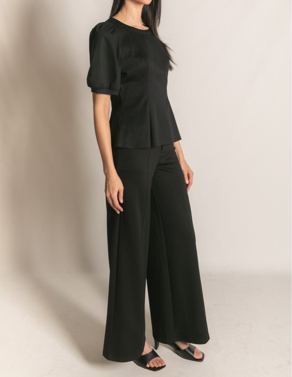 BLACK PCILL GLAZED COTTON KNIT PEPLUM TOP