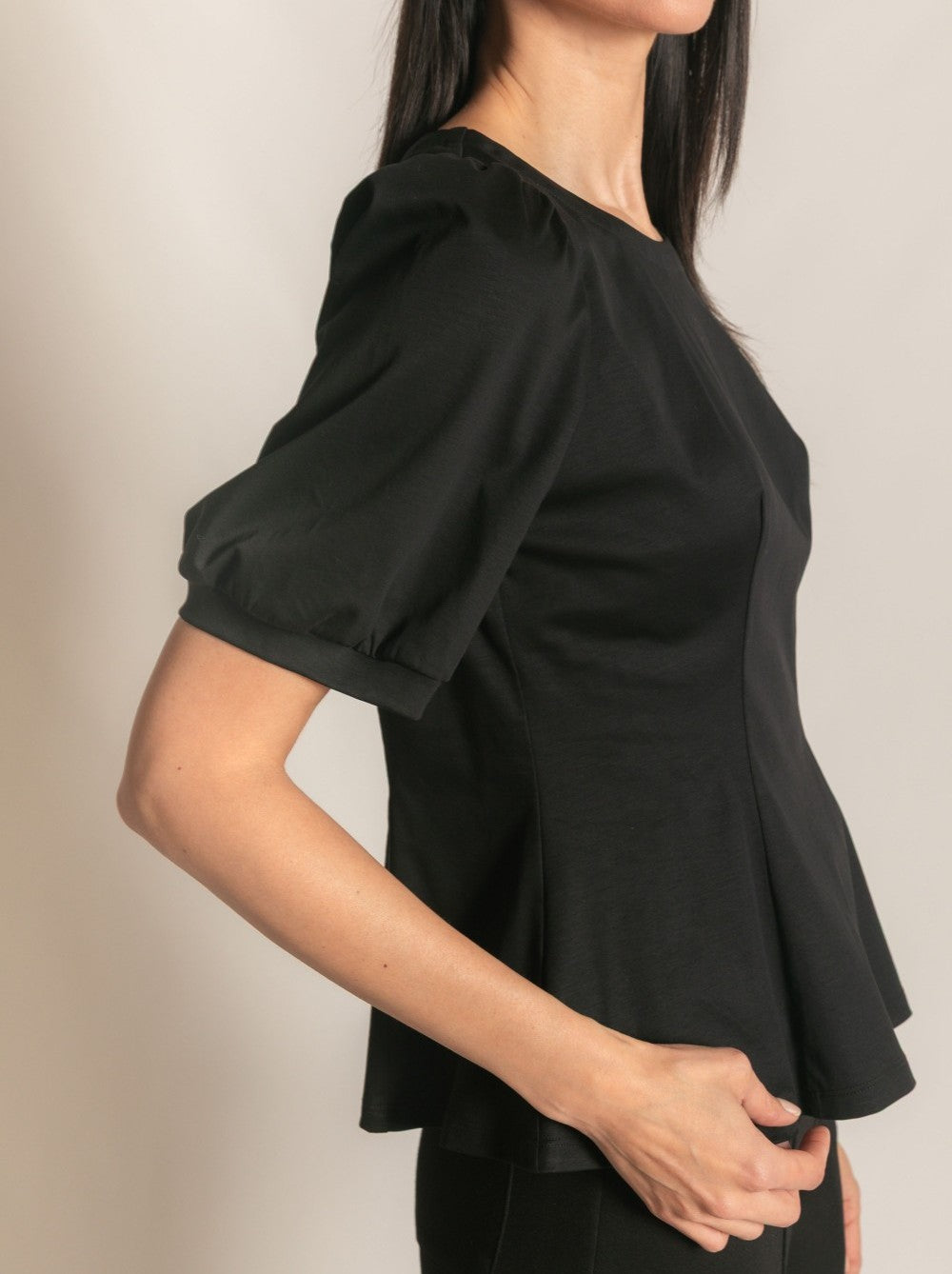 BLACK PCILL GLAZED COTTON KNIT PEPLUM TOP