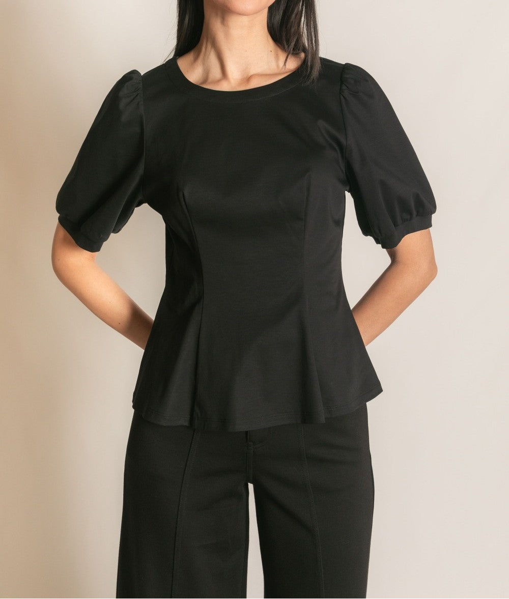 BLACK PCILL GLAZED COTTON KNIT PEPLUM TOP