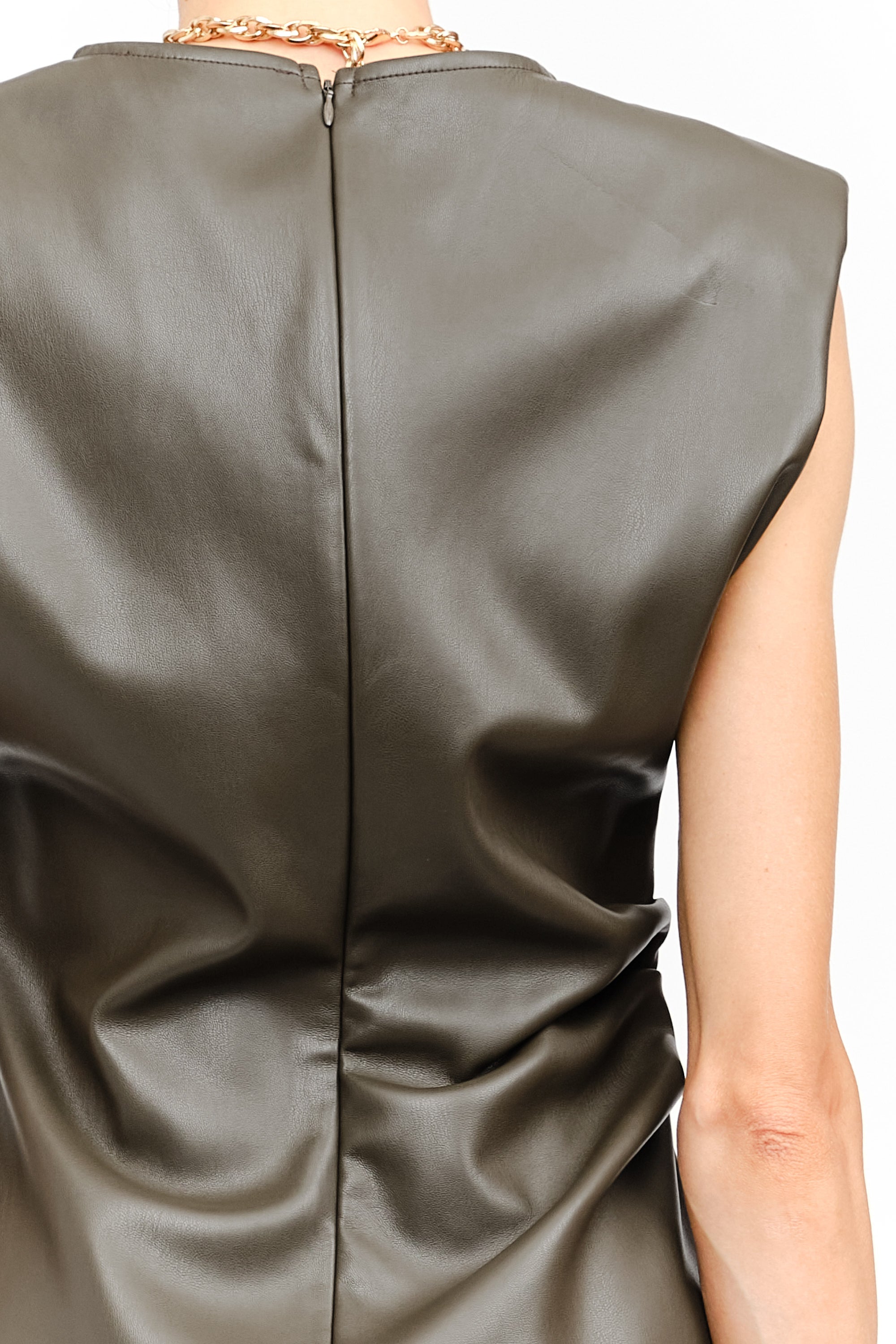 OLIVE VEGAN LEATHER PADDED SHOULDER EMILY MINI DRESS