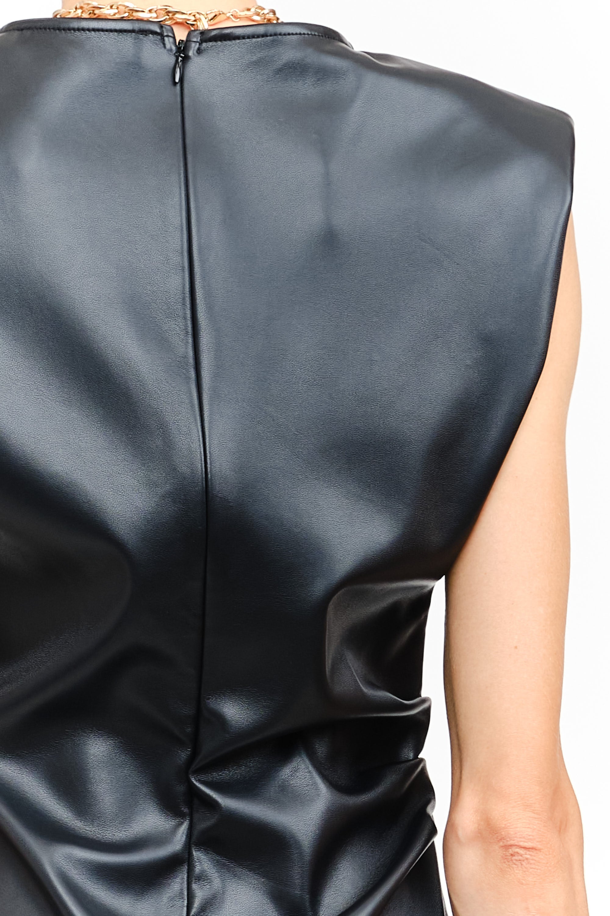 BLACK VEGAN LEATHER PADDED SHOULDER EMILY MINI DRESS